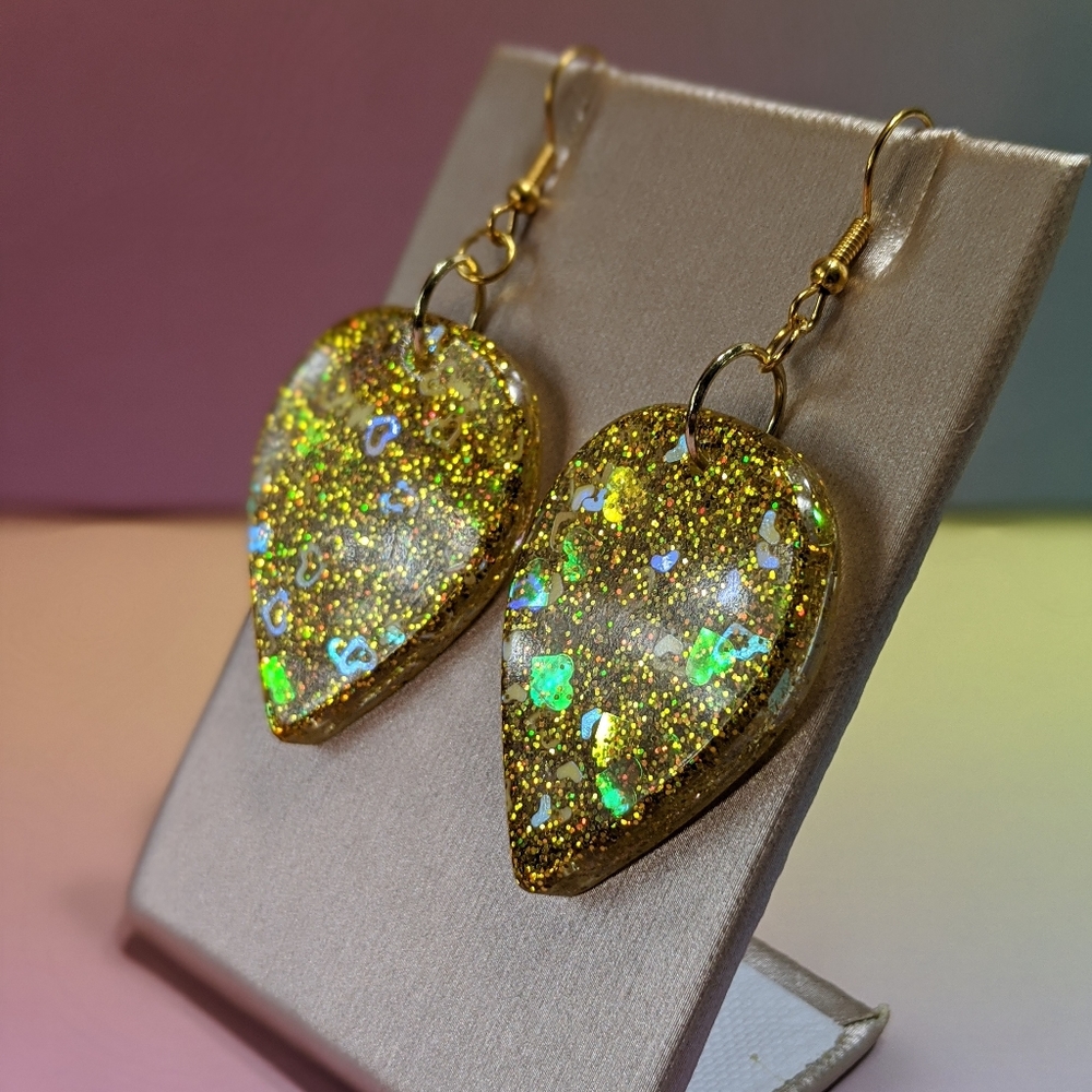 Gold Glitter Drop Resin Dangle Earrings - Picture 1 of 6